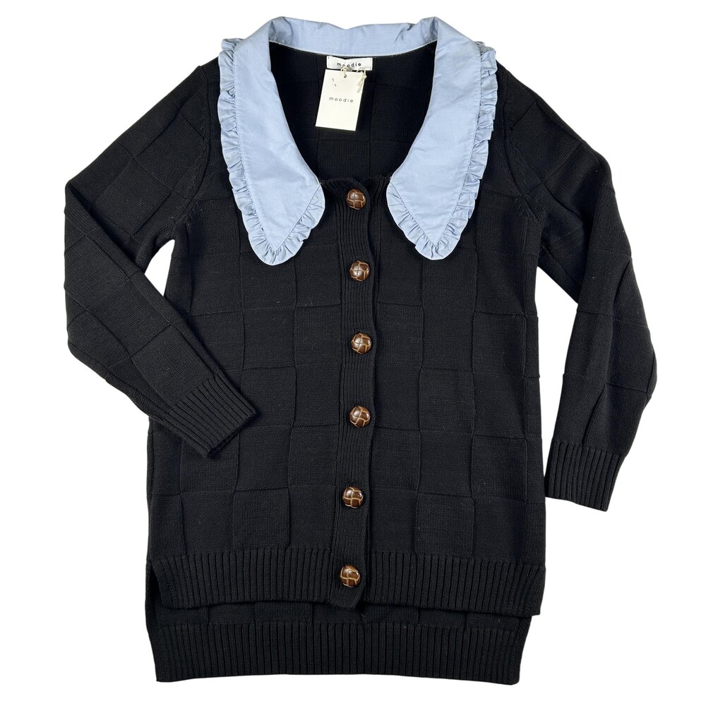 Moodie Cardigan Sweater Womens Large Long Ruffle Collar Button Check Knit